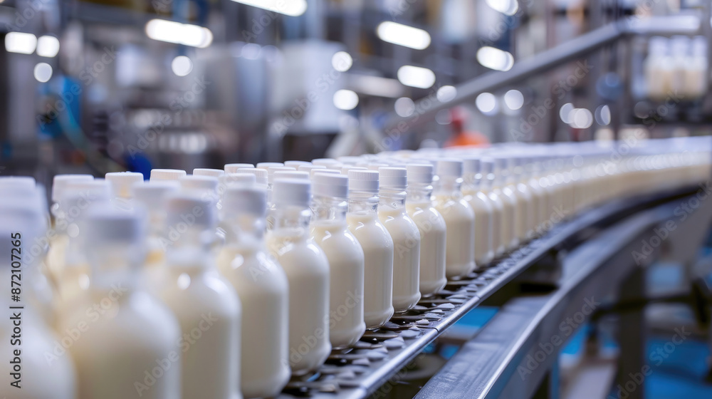 Industrial Scale Yogurt Production. Bottles Flowing on Assembly Line Industrial Scale Yogurt Production. Bottles Flowing on Assembly Line