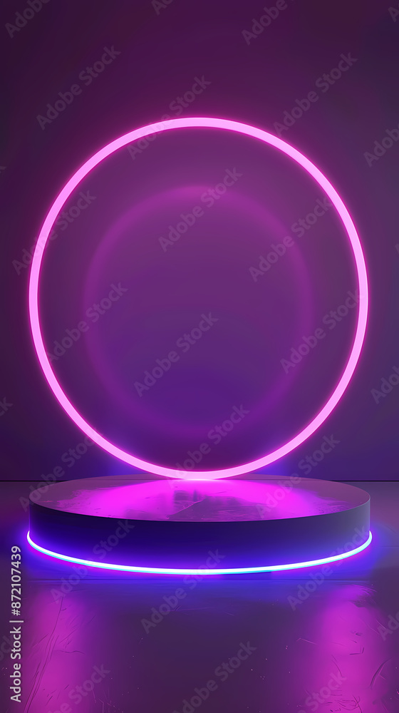 Empty podium pedestal with purple neon circle Empty podium pedestal with purple neon circle