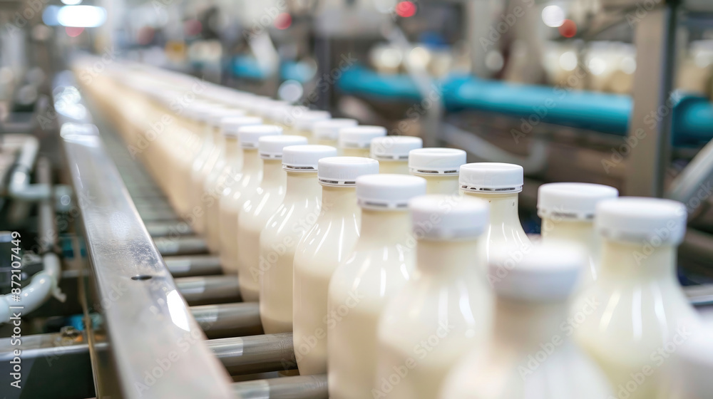 Industrial Scale Yogurt Production. Bottles Flowing on Assembly Line Industrial Scale Yogurt Production. Bottles Flowing on Assembly Line