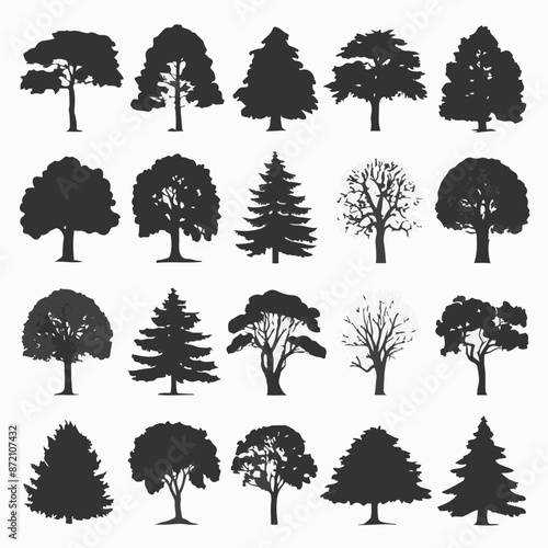 A collection of 20 distinct trees, each with its unique silhouette. These trees range from deciduous varieties with broad canopies to coniferous ones with needle-like leaves. 