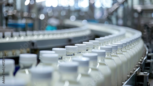 Industrial Scale Yogurt Production. Bottles Flowing on Assembly Line