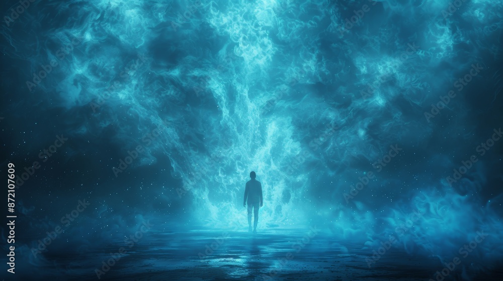 A man is walking through a blue sky with a blue fire in the background A man is walking through a blue sky with a blue fire in the background