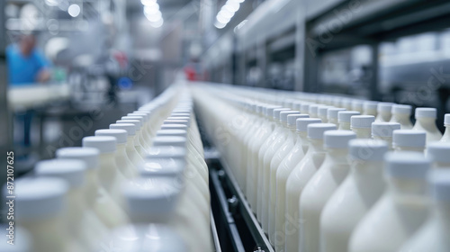 Industrial Scale Yogurt Production. Bottles Flowing on Assembly Line