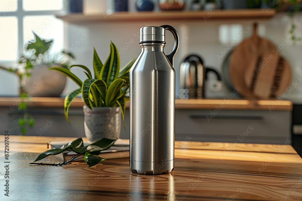 aluminium drinking water bottle on a wooden table generated by AI 