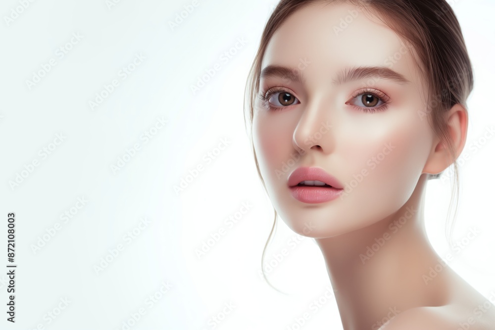 Fototapeta premium close up face portrait of young Asian pretty woman brown eyes with bright flawless clean clear skin, beauty cosmetic or skincare fashion portrait with copy space