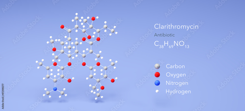 clarithromycin molecule, molecular structure, antibiotic, 3d model, Structural Chemical Formula and Atoms with Color Coding clarithromycin molecule, molecular structure, antibiotic, 3d model, Structural Chemical Formula and Atoms with Color Coding