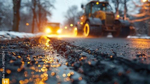 Road Construction at Night with Blurred Machinery and Glowing Lights - Generative AI photo