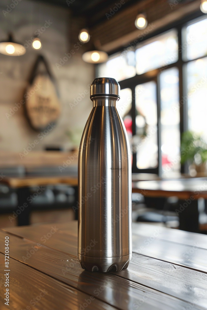 aluminium drinking water bottle on a wooden table generated by AI aluminium drinking water bottle on a wooden table generated by AI