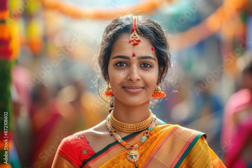 Young woman adorned with traditional Indian jewelry and attire at a festive celebration.