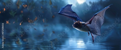 A Daubenton'S Bat Performing Aerobatics As It Hunts Over A Lake At Night,High Resolution, Ultra HD photo