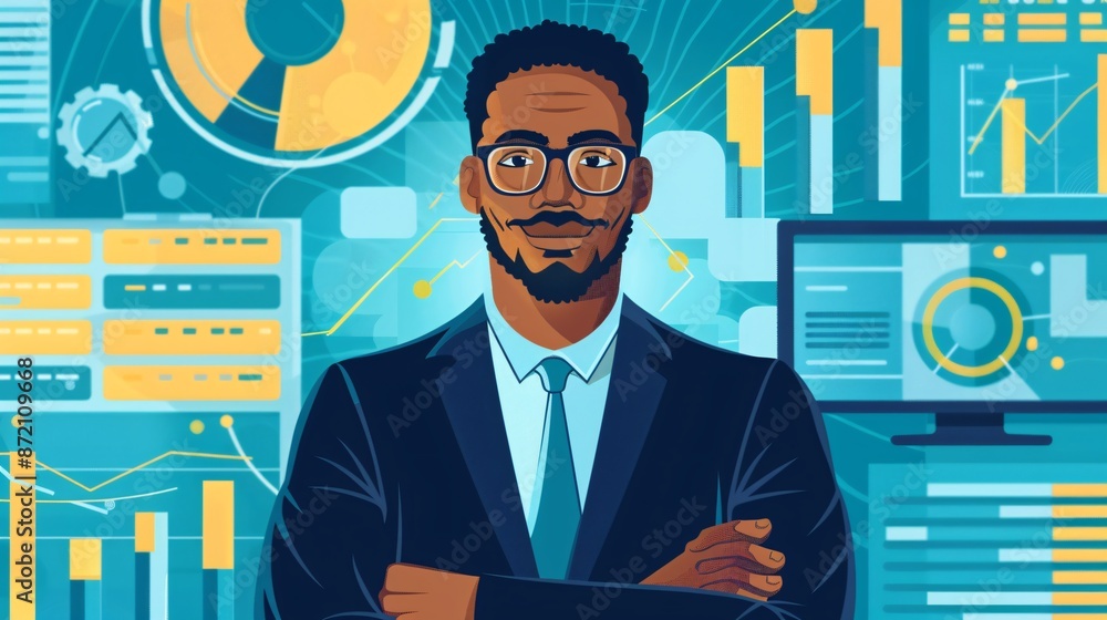 Confident Business Professional in Suit with Data Analytics Background and Digital Charts Confident Business Professional in Suit with Data Analytics Background and Digital Charts