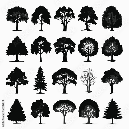 A collection of 20 distinct trees, each with its unique silhouette. These trees range from deciduous varieties with broad canopies to coniferous ones with needle-like leaves. 