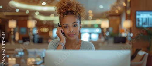 Woman on the Phone at a Desk in a Hotel Lobby