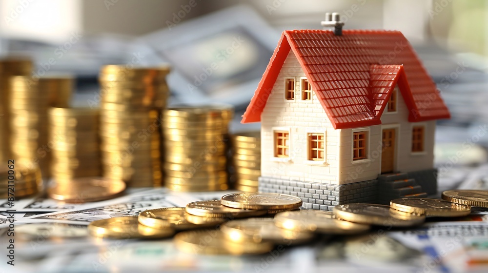 Model House with Red Roof Surrounded by Stacks of Coins and Dollar Bills Representing Real Estate Investment and Financial Growth Model House with Red Roof Surrounded by Stacks of Coins and Dollar Bills Representing Real Estate Investment and Financial Growth