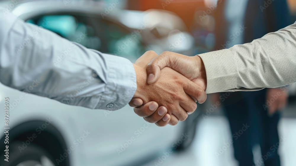 Dealer and Client Finalize Car Purchase with Handshake in Modern Auto Showroom Dealer and Client Finalize Car Purchase with Handshake in Modern Auto Showroom