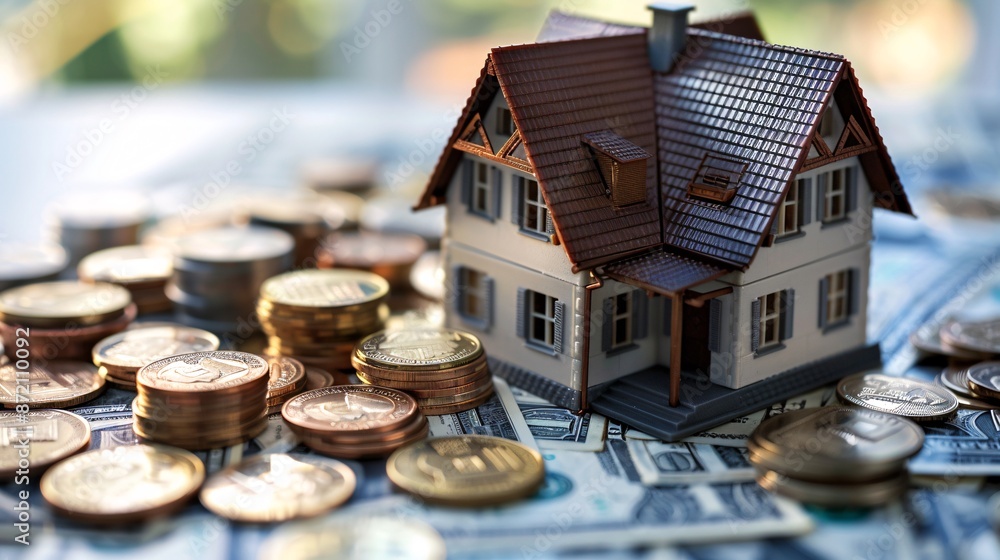 Model House on Piles of Coins and Dollar Bills Representing Real Estate Investment and Financial Growth Model House on Piles of Coins and Dollar Bills Representing Real Estate Investment and Financial Growth