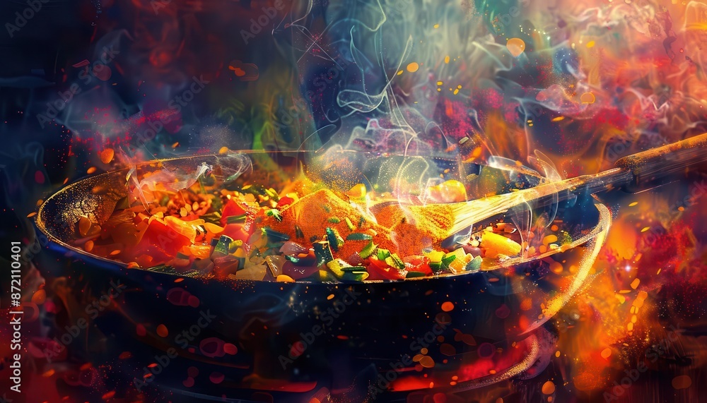 A sizzling pan of colorful vegetables being stir-fried on high heat, creating a vibrant and smoky culinary scene. A sizzling pan of colorful vegetables being stir-fried on high heat, creating a vibrant and smoky culinary scene.