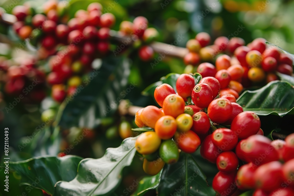 Obraz premium Ripe coffee cherries on lush bush