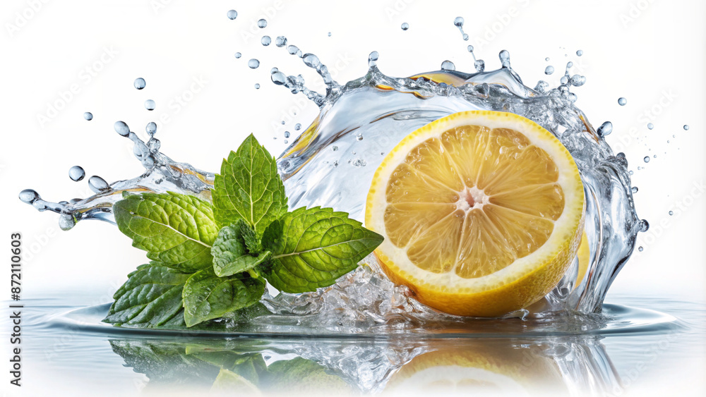 Lemon water splash isolated on a white transparent background, png. Lemon fruit slice, leaves and water splash. background water wave, citrus piece and mint foliage flying Lemon water splash isolated on a white transparent background, png. Lemon fruit slice, leaves and water splash. background water wave, citrus piece and mint foliage flying