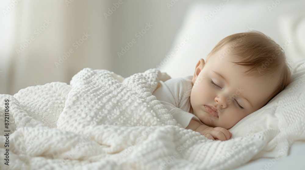 A peaceful baby sleeps soundly under a cozy white blanket in a softly lit room, embodying serenity and innocence. A peaceful baby sleeps soundly under a cozy white blanket in a softly lit room, embodying serenity and innocence.