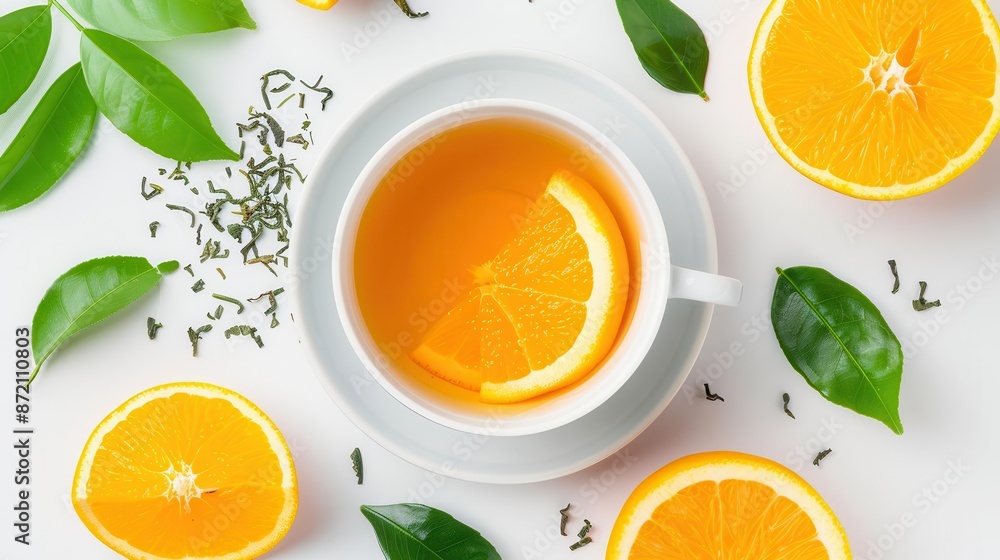 A cup of orange tea with orange slices and leaves on white background. A cup of orange tea with orange slices and leaves on white background.