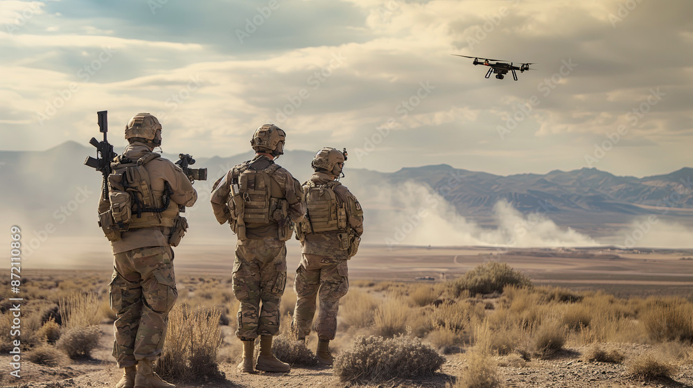 Military personnel observing a drone in a desert valley with mountains in the background. Military personnel observing a drone in a desert valley with mountains in the background.