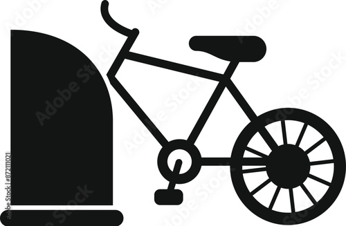 Black and white icon of a bicycle leaning on a concrete wall parking
