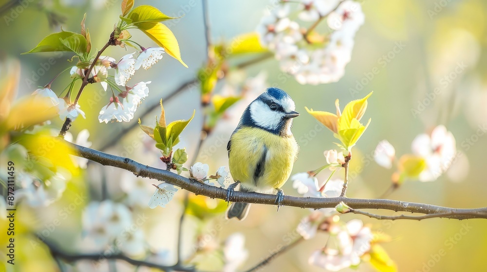 Fototapeta premium Blue Tit Perched on a Branch with Spring Blossoms