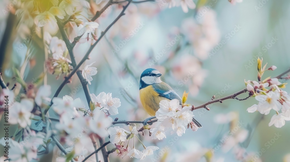 Fototapeta premium A Blue Tit Perched Among Delicate Cherry Blossoms