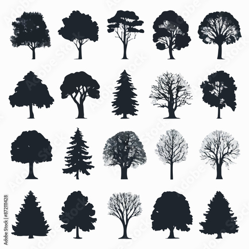 A collection of 20 distinct trees, each with its unique silhouette. These trees range from deciduous varieties with broad canopies to coniferous ones with needle-like leaves. 