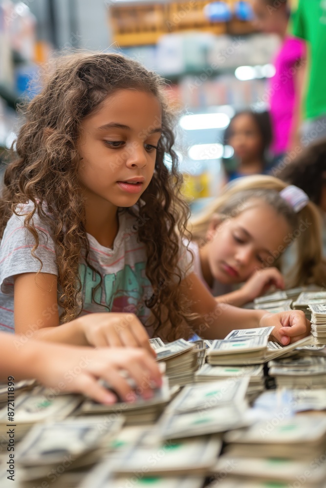 Fototapeta premium Young Girl Counts Stacks of Cash