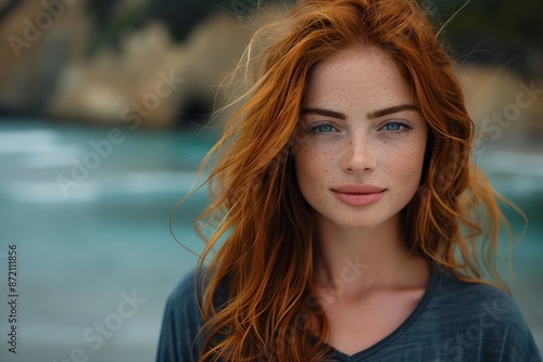 Portrait of a beautiful woman with red hair and blue eyes, standing by a lake in the mountains at dusk, looking into the camera, wearing a dark t-shirt with freckles on her face. © James
