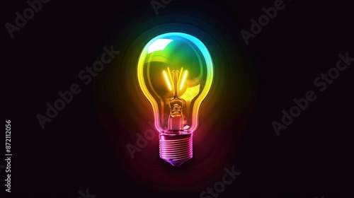 Light bulb glowing with a vibrant spectrum of rainbow colors against a solid black background for creative branding and energy concepts.