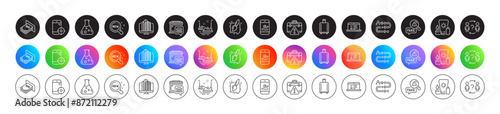Atm money, Enterprise and Food market line icons. Round icon gradient buttons. Pack of Sunscreen, Bumper cars, Seo phone icon. Fake news, Baggage reclaim, New products pictogram. Vector