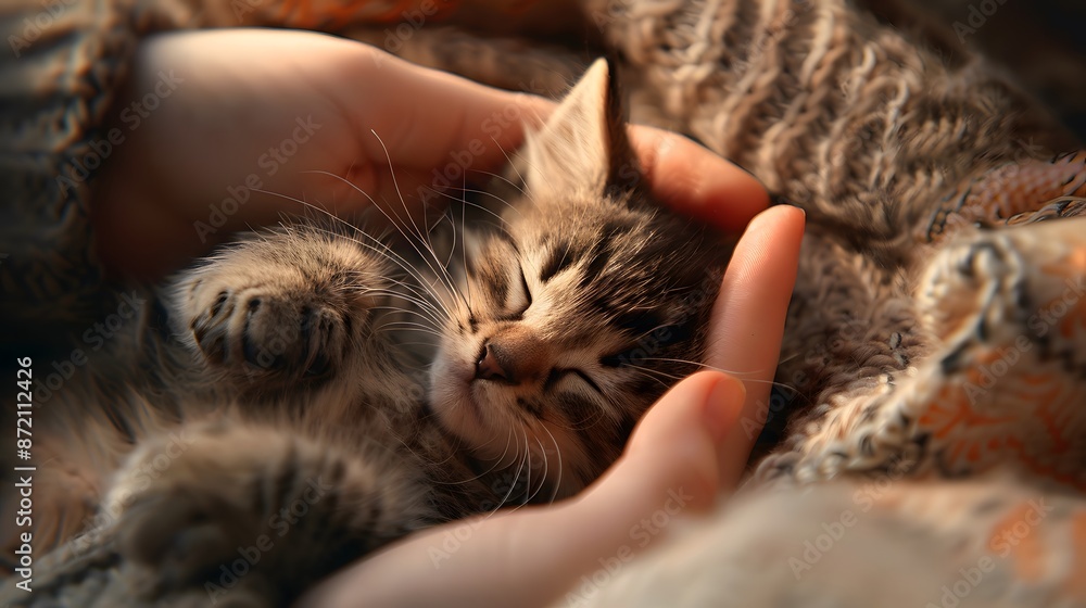 Petting a Kitten: Hands gently stroking the fur of a tiny kitten, with the kitten purring and nuzzling into the touch.
Petting a Kitten: Hands gently stroking the fur of a tiny kitten, with the kitten purring and nuzzling into the touch.