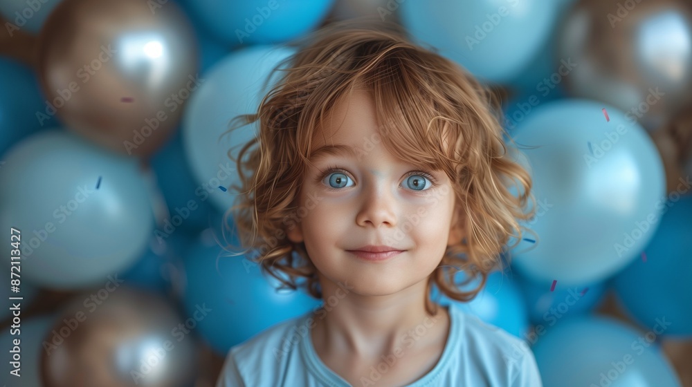 Adorable Child with Curly Hair and Blue Eyes Posed Against Balloon-filled Background Adorable Child with Curly Hair and Blue Eyes Posed Against Balloon-filled Background