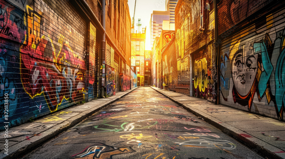 Naklejka premium Colorful Graffiti Adorning Walls of Urban Alleyway