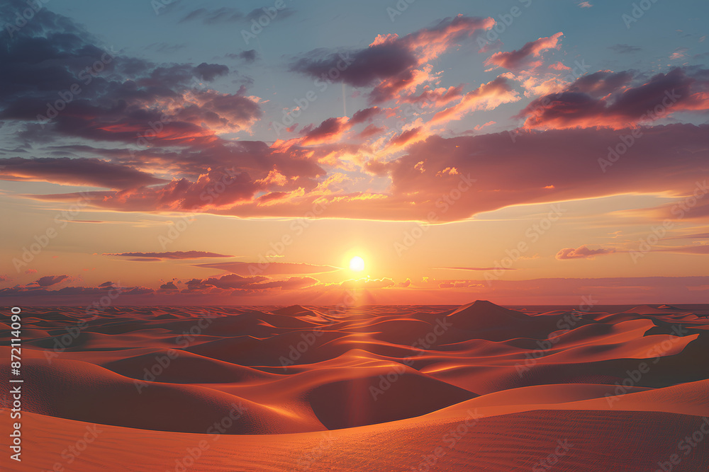 Sand desert at sunset, desert sunset, sand under the setting sun, sun and clouds over the desert, 3D rendering Sand desert at sunset, desert sunset, sand under the setting sun, sun and clouds over the desert, 3D rendering