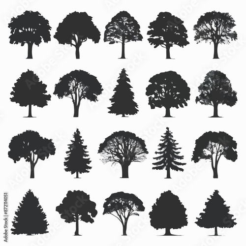 A collection of 20 distinct trees, each with its unique silhouette. These trees range from deciduous varieties with broad canopies to coniferous ones with needle-like leaves. 