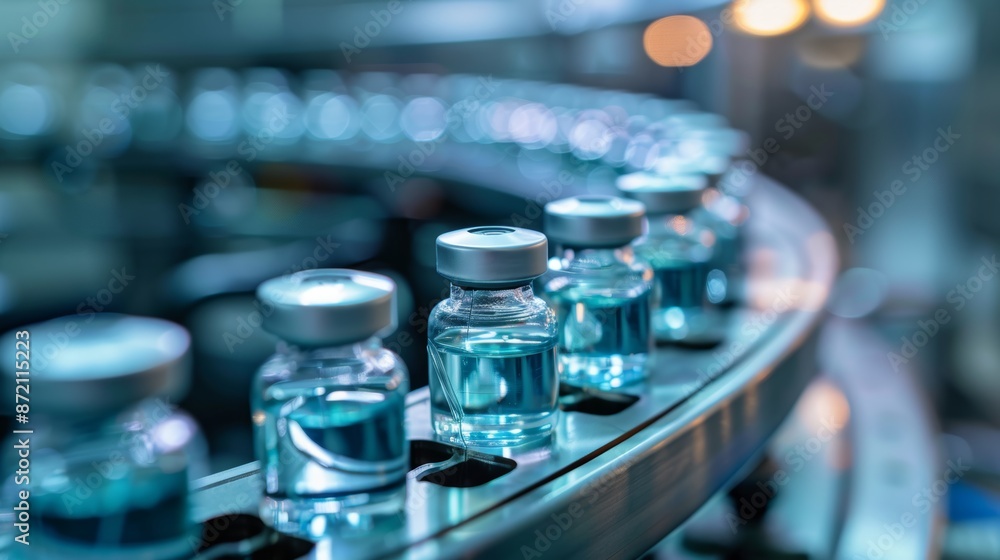 Medical vials on production line at pharmaceutical factory, Pharmaceutical machine working pharmaceutical glass bottles production line, health care, pandemic Medical vials on production line at pharmaceutical factory, Pharmaceutical machine working pharmaceutical glass bottles production line, health care, pandemic