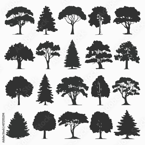 A collection of 20 distinct trees, each with its unique silhouette. These trees range from deciduous varieties with broad canopies to coniferous ones with needle-like leaves. 