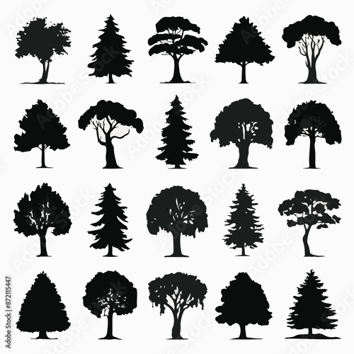 A collection of 20 distinct trees, each with its unique silhouette. These trees range from deciduous varieties with broad canopies to coniferous ones with needle-like leaves. 