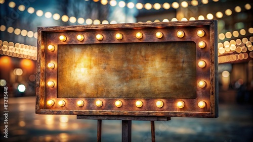 Vintage-style marquee sign with bright lights and blank template on rusty metal base against dark blurred background with shallow depth focus.