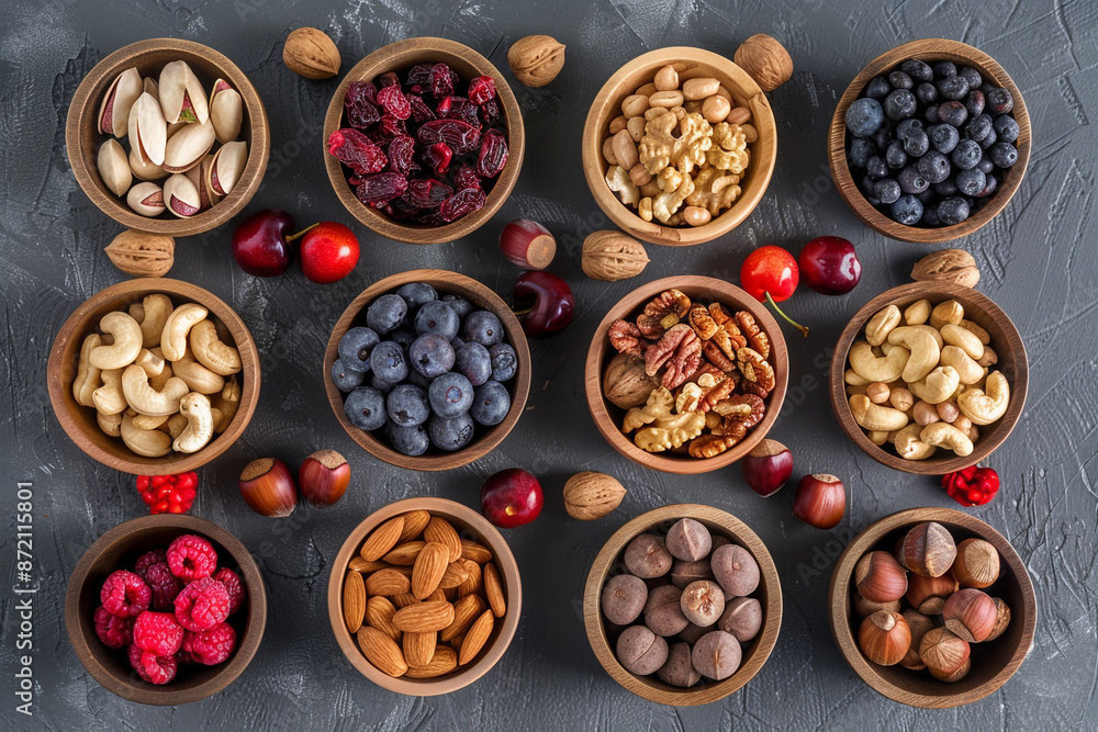 various nuts and dried fruits on a dark gray background various nuts and dried fruits on a dark gray background