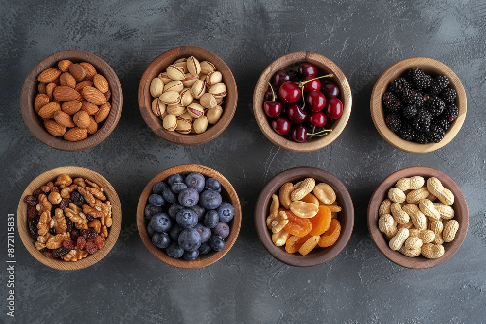 various nuts and dried fruits on a dark gray background various nuts and dried fruits on a dark gray background