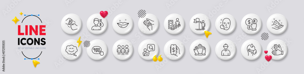 Inspect, Engineer and Sick man line icons. White buttons 3d icons. Pack of Vote, Lips, Volunteer icon. Money currency, Quick tips, Face search pictogram. Clapping hands, Smile chat, Money app. Vector Inspect, Engineer and Sick man line icons. White buttons 3d icons. Pack of Vote, Lips, Volunteer icon. Money currency, Quick tips, Face search pictogram. Clapping hands, Smile chat, Money app. Vector