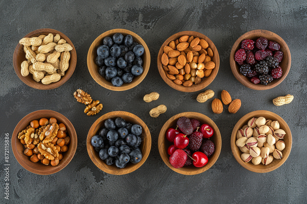 various nuts and dried fruits on a dark gray background various nuts and dried fruits on a dark gray background