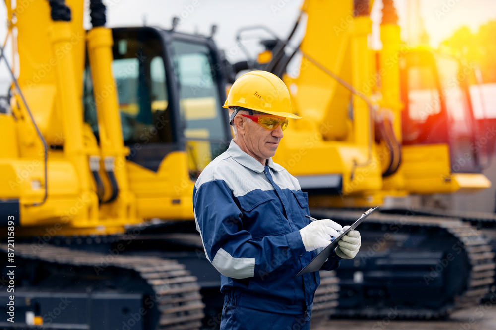 Industrial worker male senior in helmet holds tablet computer on background of production of excavator factory. Industrial worker male senior in helmet holds tablet computer on background of production of excavator factory.