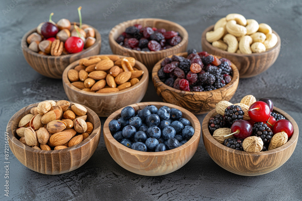 various nuts and dried fruits on a dark gray background various nuts and dried fruits on a dark gray background