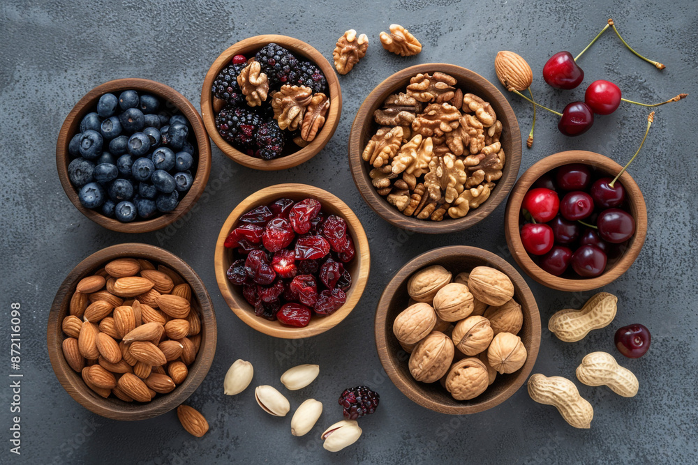 various nuts and dried fruits on a dark gray background various nuts and dried fruits on a dark gray background